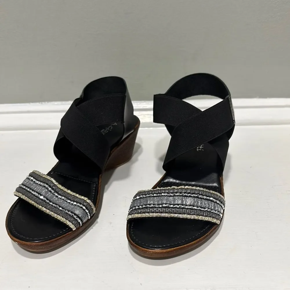 Beaded Wedge Black and Gray Silver Comfort Sandals-size 6.5